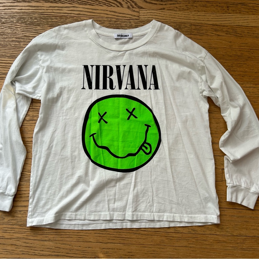 Daydreamer White Long-Sleeve Tee with Nirvana Neon Green Smiley Graphic